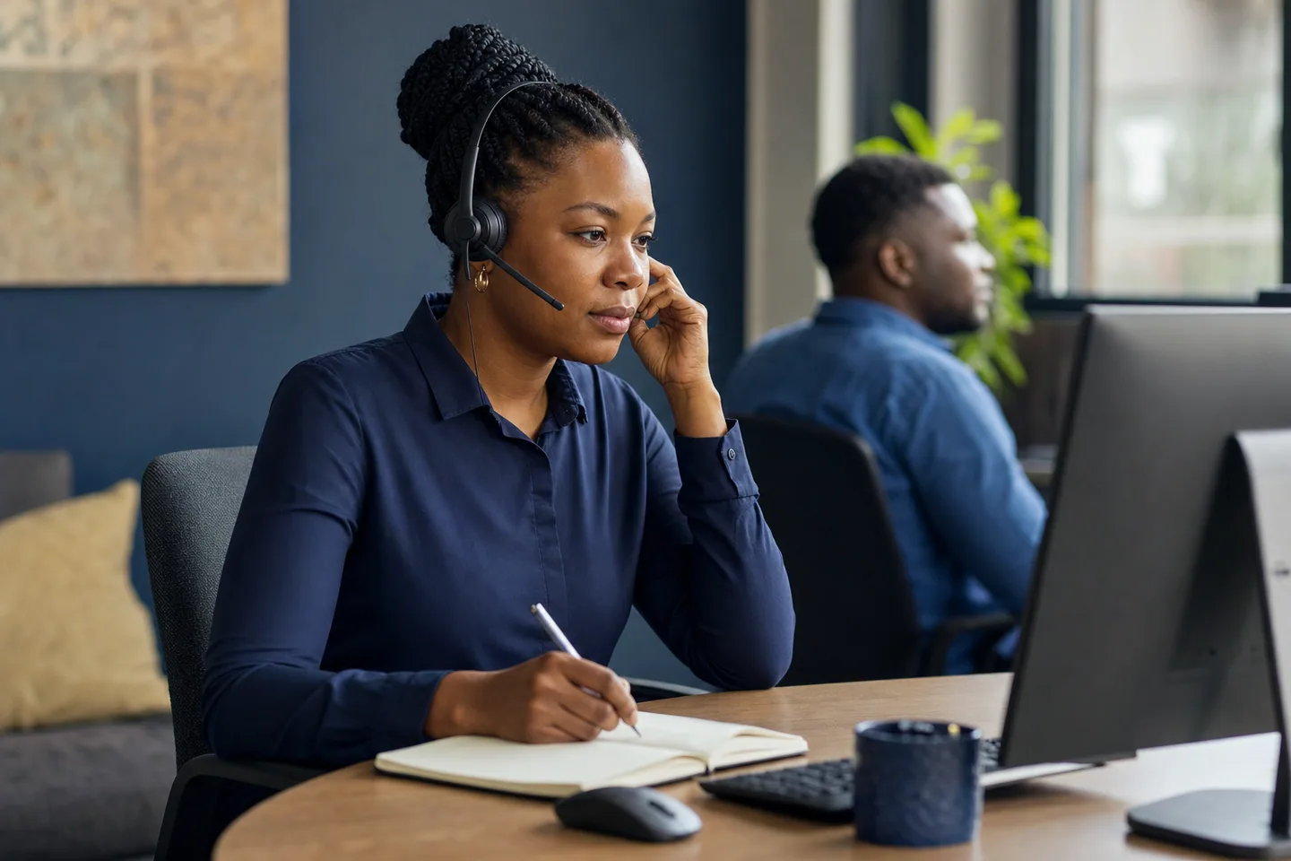 A Black African woman wearing a headset while working at a computer