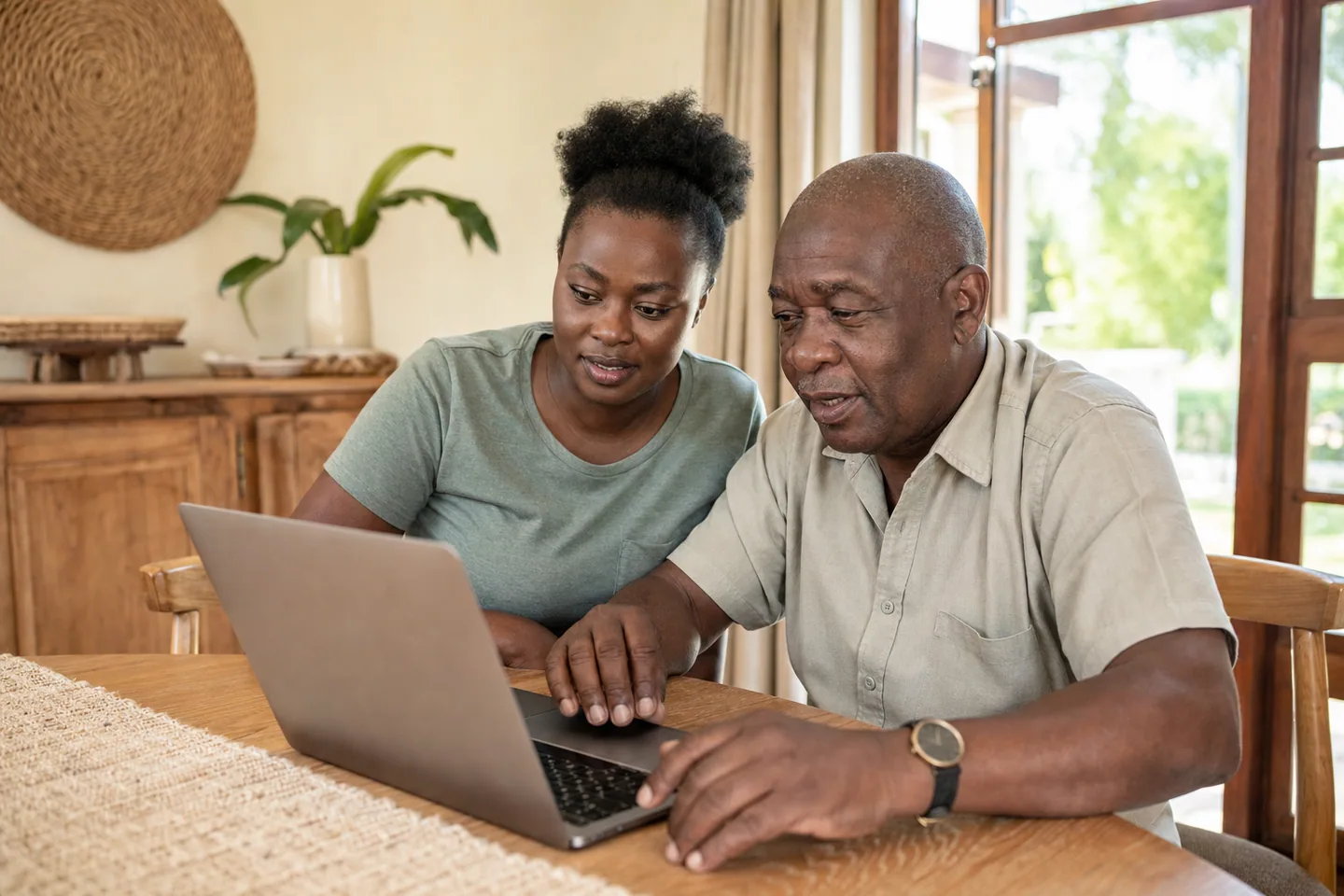 Two Black African adults using a laptop together
