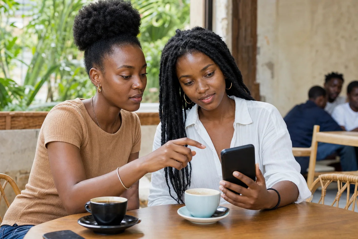 Two Black African women reviewing a phone together